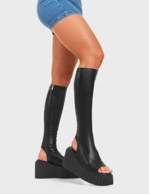 Black Lamoda No Hard Feelings Chunky Platform Creeper Knee High Boots | 7281-KMDPC